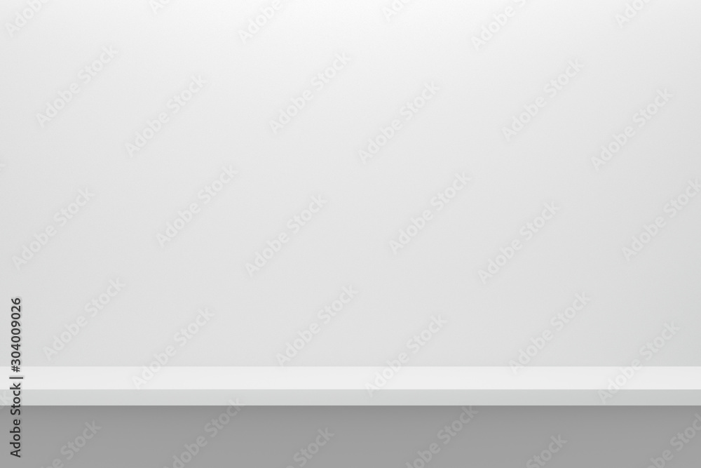 白色桌子和墙壁背景上的空架子的正视图，具有现代简约概念。展示