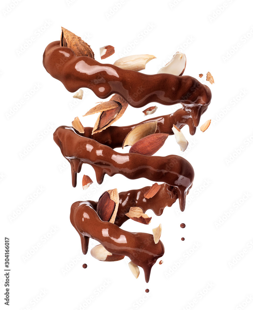 Chocolate splashes in spiral shape with crushed almonds, isolated on a white background