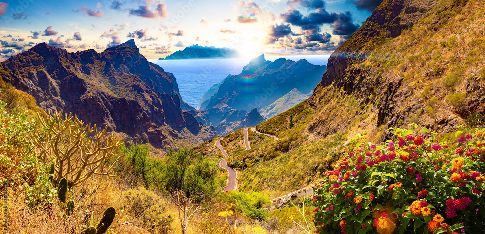 Masca valley.Canary island.Tenerife.Spain.Scenic mountain landscape.Cactus,vegetation and sunset pan