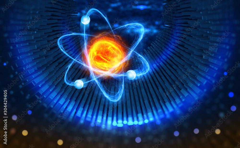 Scientific concept. Genious idea. Breakthrough research. 3D illustration of an atom on the backgroun