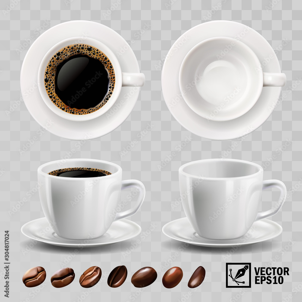 黑色浓缩咖啡或美式咖啡的三维逼真矢量杯，俯视图，侧视图