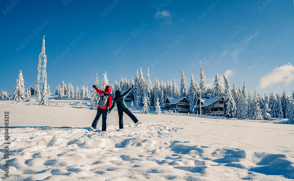 情侣们穿着滑雪服，背着背包，看着雪覆盖的冷杉树的美景