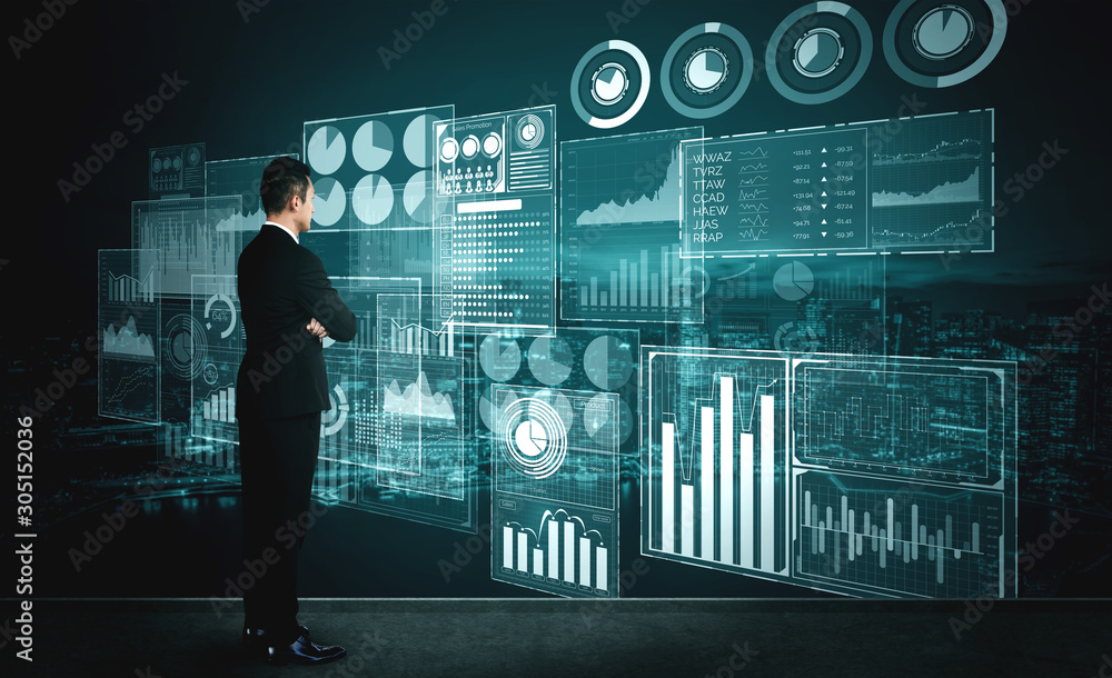 商业金融大数据技术分析概念。现代图形界面显示海量