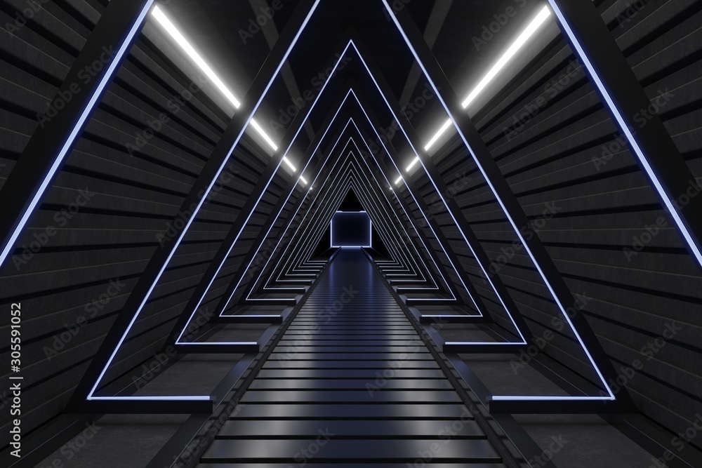 Science background fiction interior room Triangle Dark Empty Corridor With Door sci-fi spaceship cor