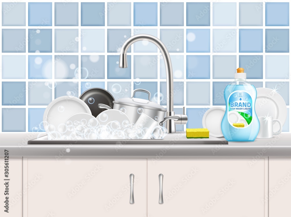 洗碗液广告海报，矢量写实插图