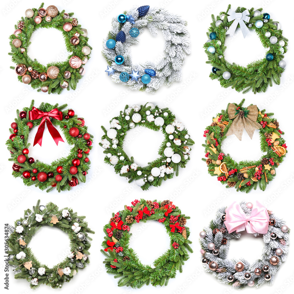 Set of beautiful Christmas wreaths on white background