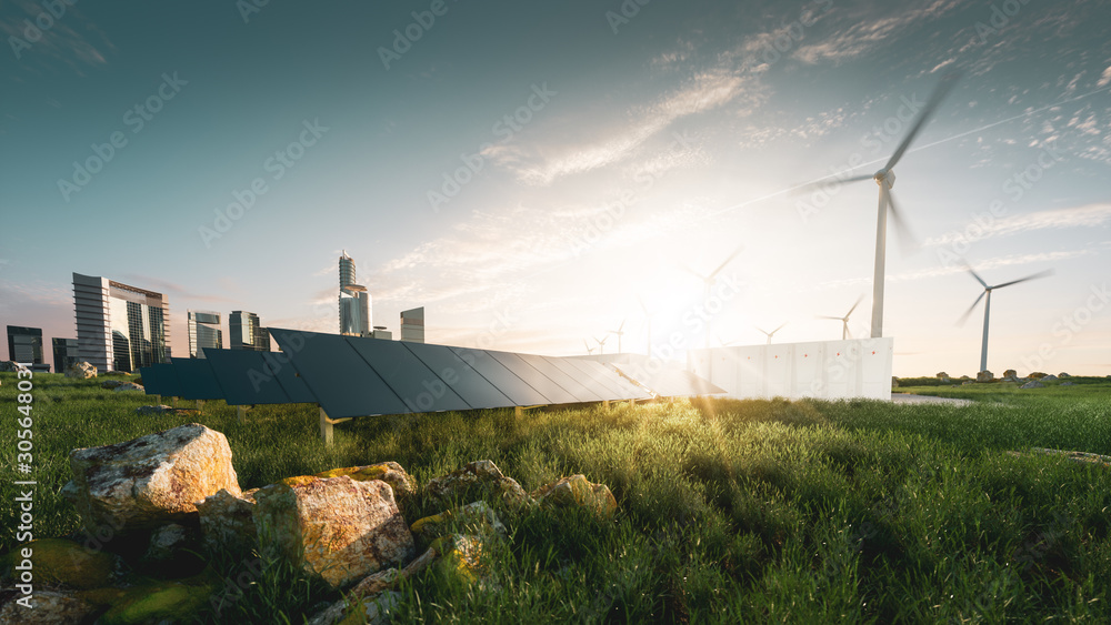 美丽日落背光中的可持续能源解决方案概念。无框架太阳能电池板，电池板