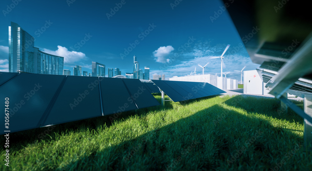 Modern black frameless solar panel farm, battery energy storage and wind turbines on fresh green gra