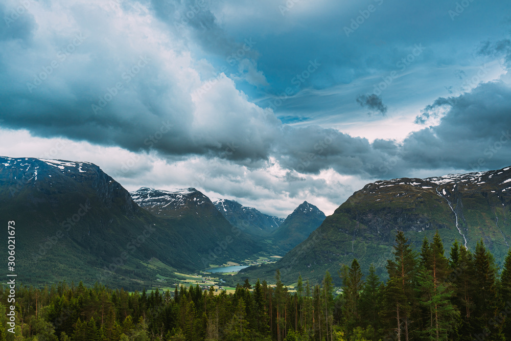 Byrkjelo Village, Sogn Og Fjordane County, Norway. Beautiful Sky Above Norwegian Rural Landscape. Be