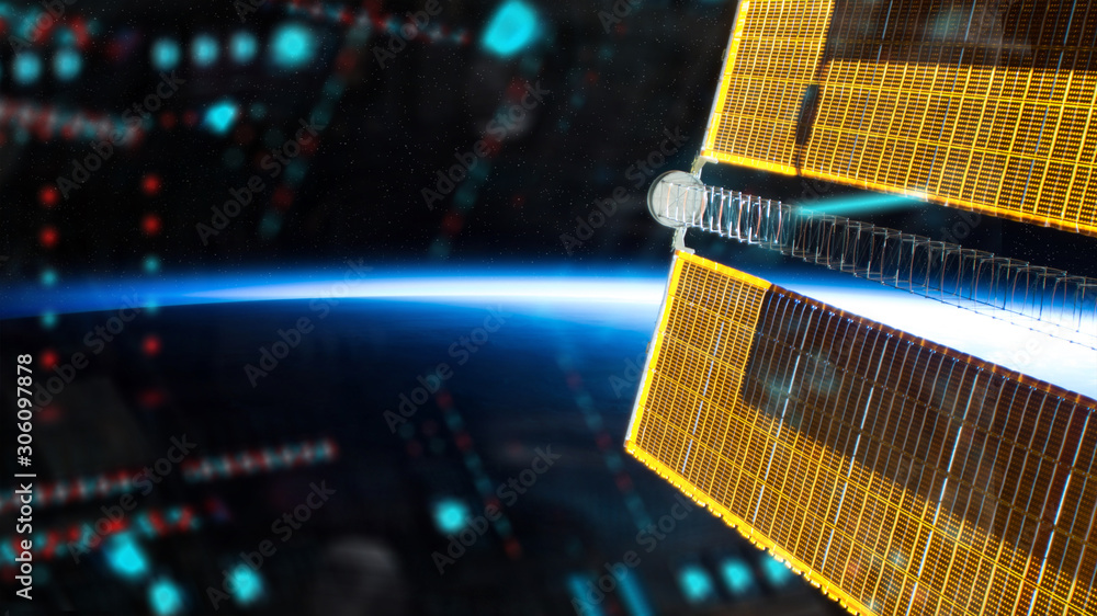 View of planet Earth horizon from a space station window during a sunrise 3D rendering elements of t