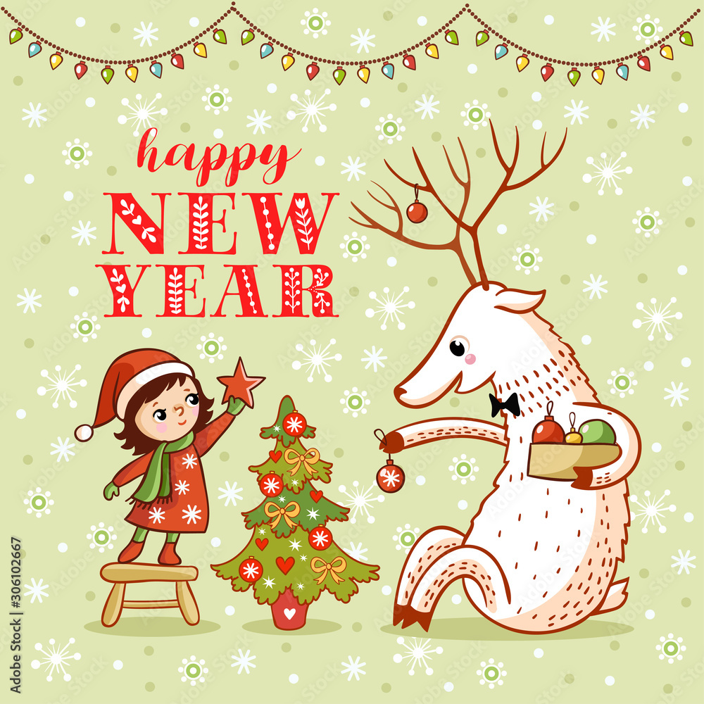 Vector Christmas theme card with cute girl and deer decorate a Christmas tree.