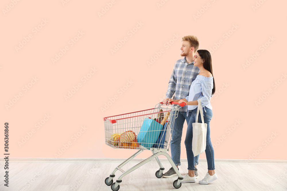 Young couple with shopping cart near color wall