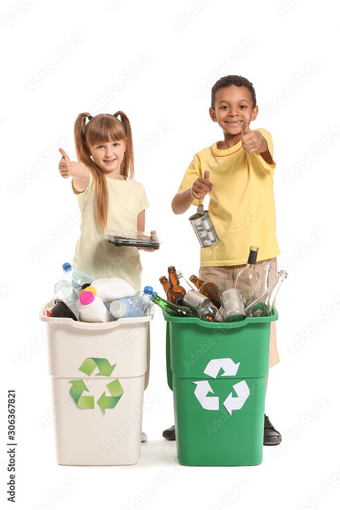 Little children and containers with trash on white background. Concept of recycling