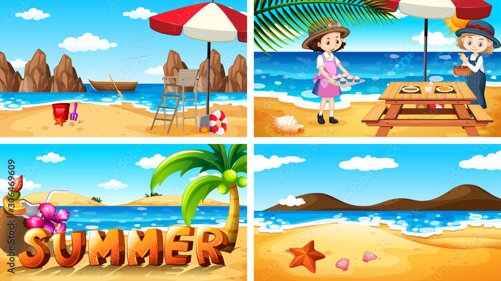 海滩上夏天的四个背景场景