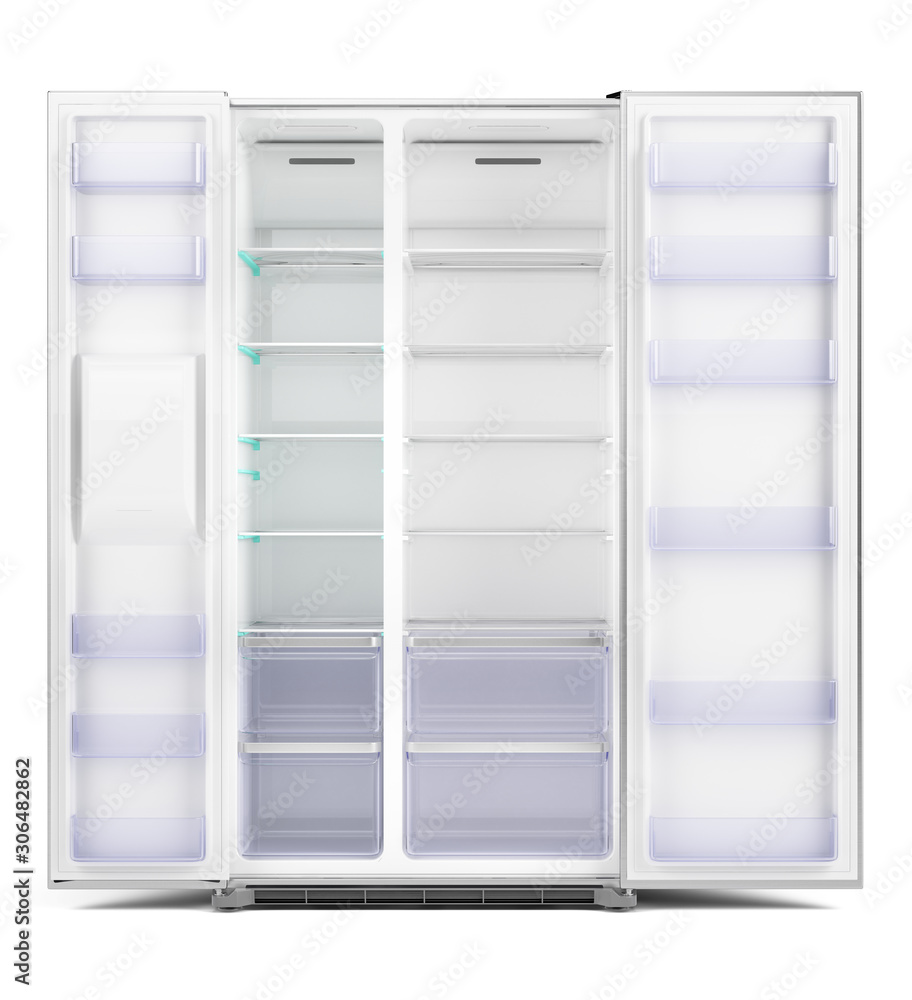 现代并排不锈钢冰箱。白色Ba上隔离的开门冰箱