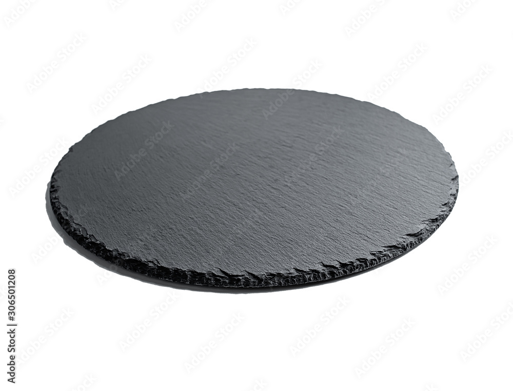 白色背景上的圆形黑色板岩餐盘背景材料