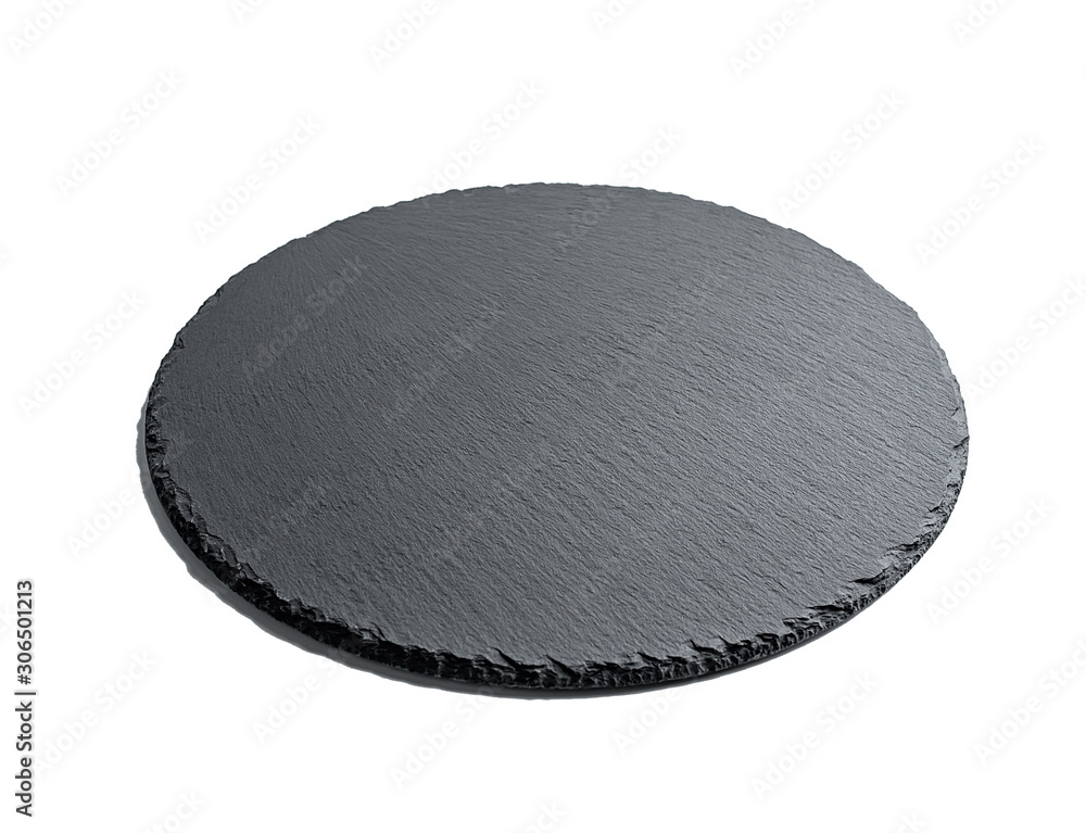 白色背景上的圆形黑色板岩餐盘背景材料