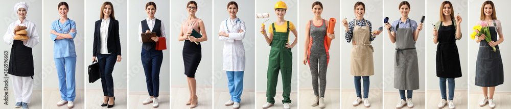 Collage with woman in uniforms of different professions