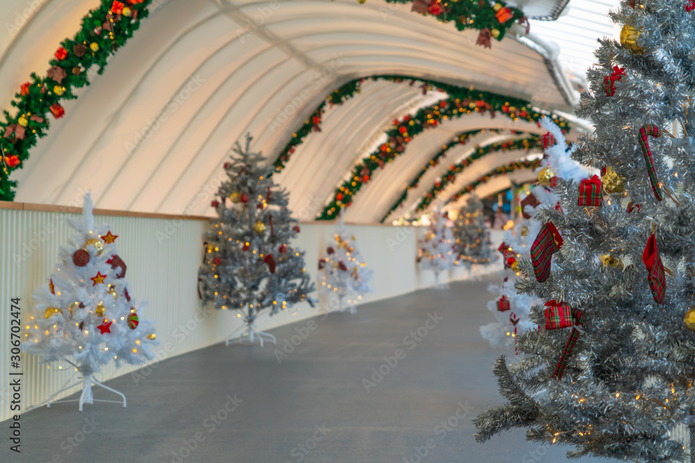 2019年12月圣诞节，市中心人行道上的圣诞树装饰。
