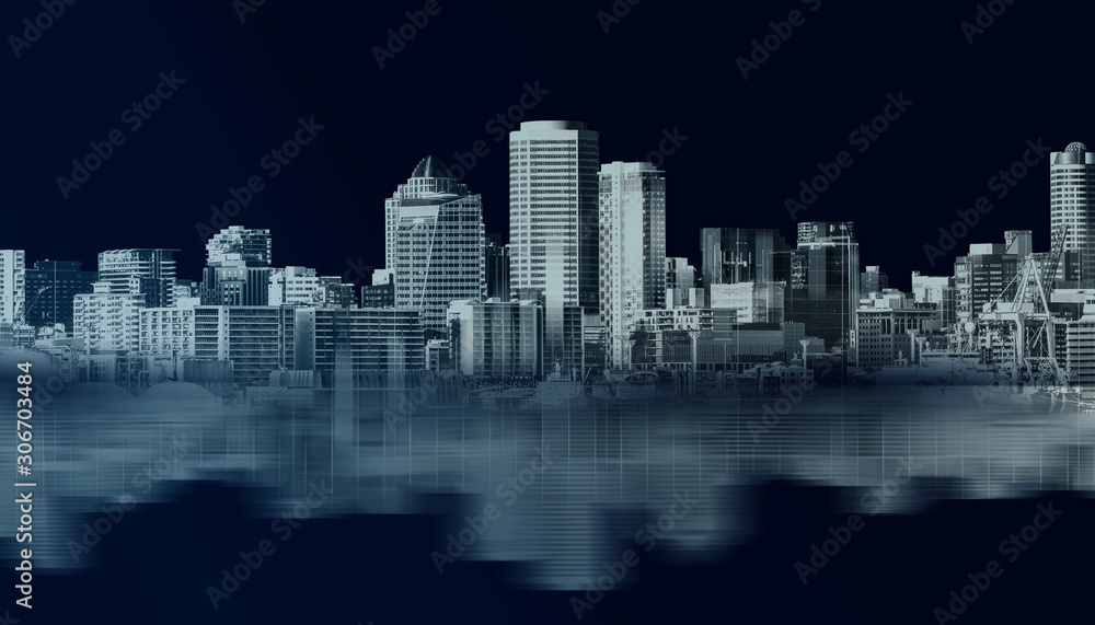 Abstract city building skyline metropolitan area in contemporary color style and futuristic effects.