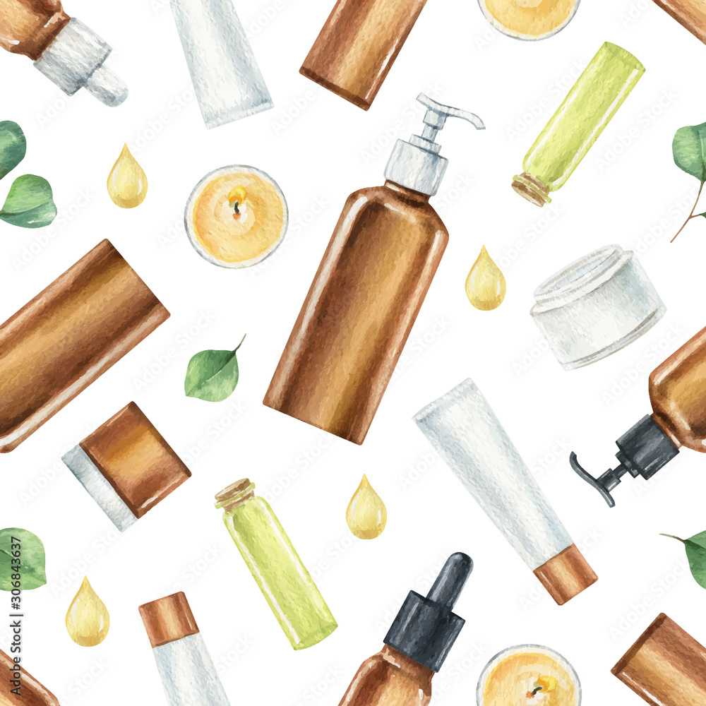 Watercolor vector seamless pattern of cosmetic products.