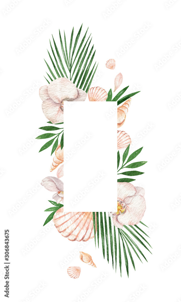 Watercolor vector frame with tropical leaves, Orchid flowers and shells .