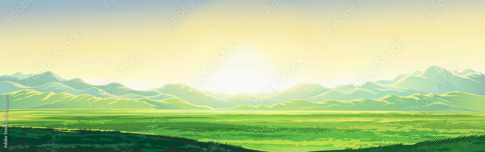 夏日山景，山谷之上的黎明，拉长的格式。光栅插图。