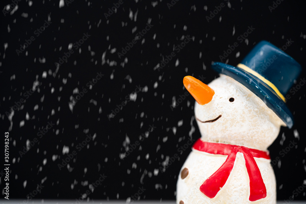 快乐的笑脸雪人，戴着蓝色帽子，留着胡萝卜鼻子，与雪花站在冬季圣诞节的海洋中