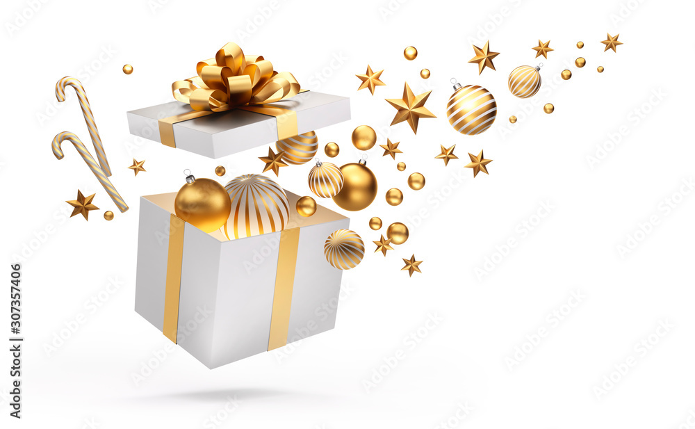 Offene Geschenkbox in Weiß und Gold mit Weihnachtsschmuck	