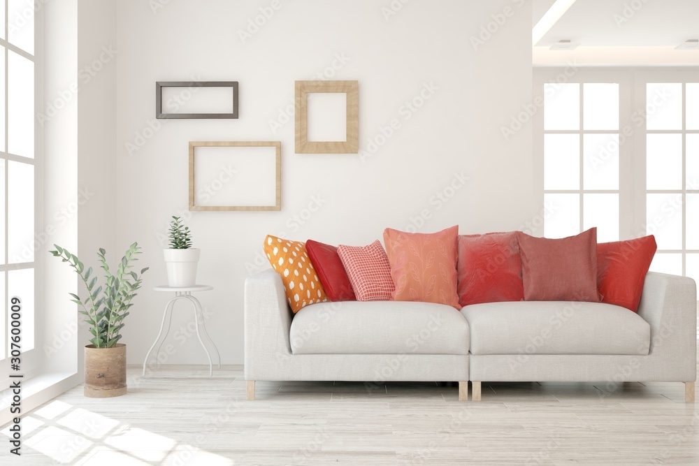 Stylish room in white color with sofa and red pillows. Scandinavian interior design. 3D illustration
