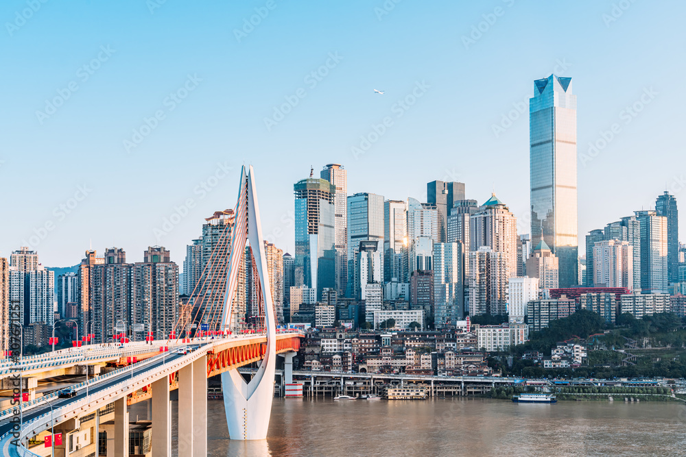 High angle sunny scenery of Jialing River and bridge in Chongqing, China