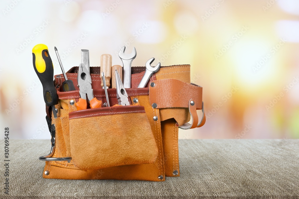 set of tools in tool box isolated at white background