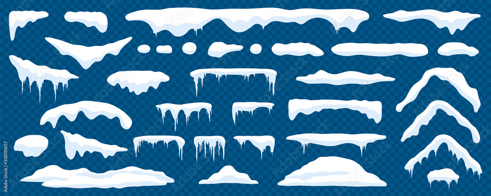 Snow caps, snowy ice and frozen icicles, vector cartoon icons, isolated on transparent background. A