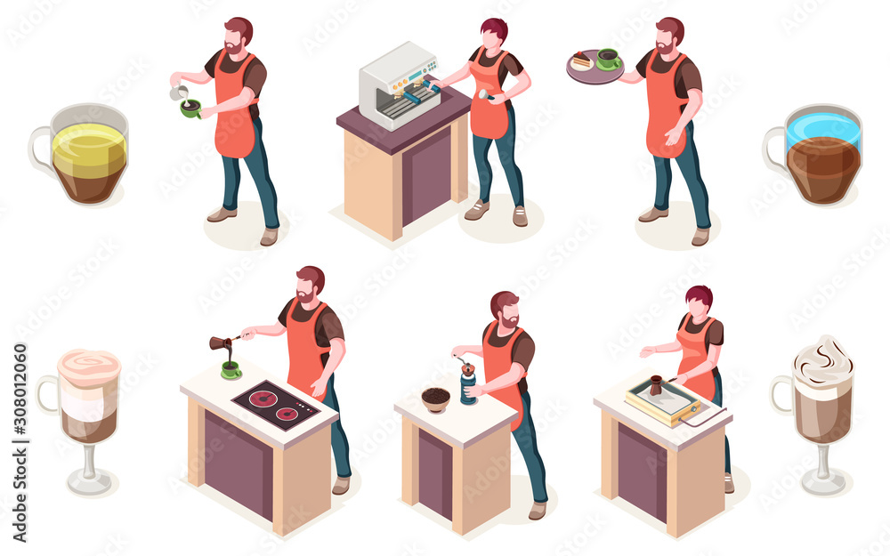 Barista and coffee house, isometric vector elements of cafe or coffeeshop. Man barista preparing cof