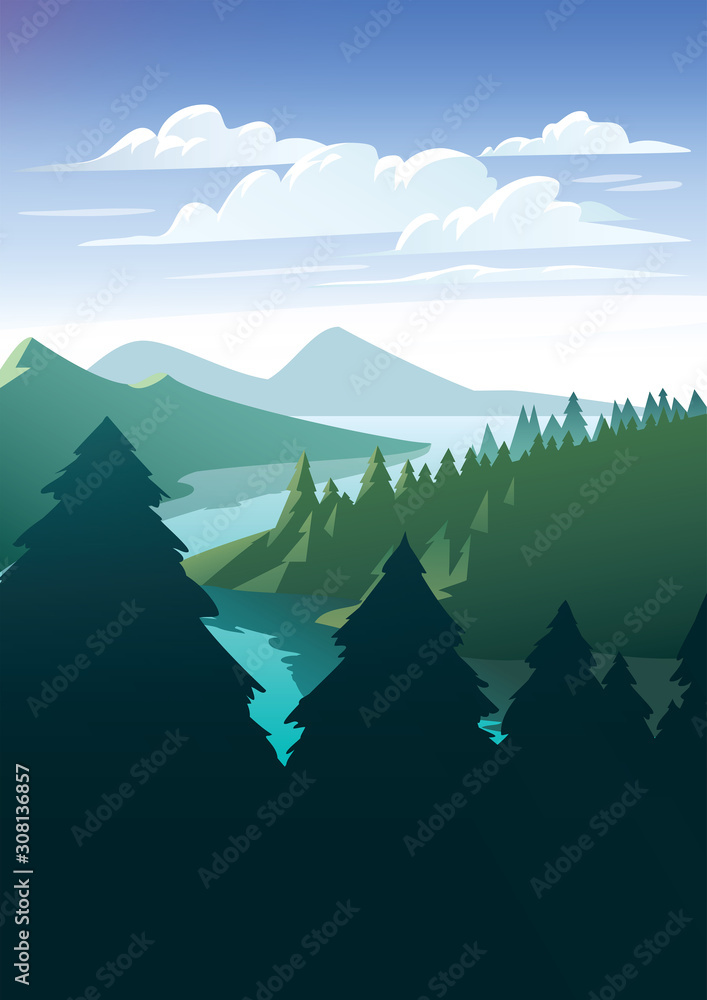 Vector landscape with a river among the forest. Flat style illustration.