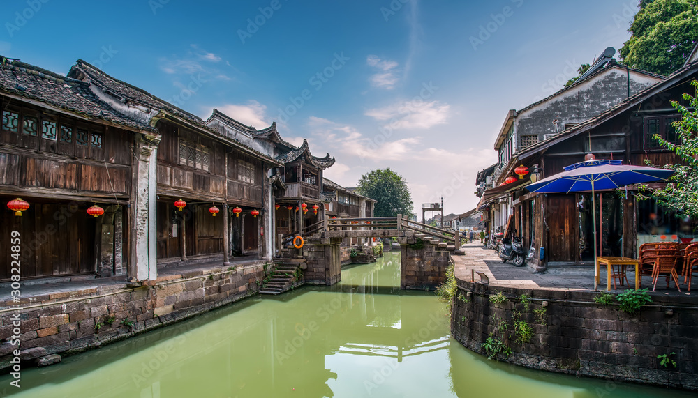 Rivers and ancient houses in ancient towns of Zhejiang Province..