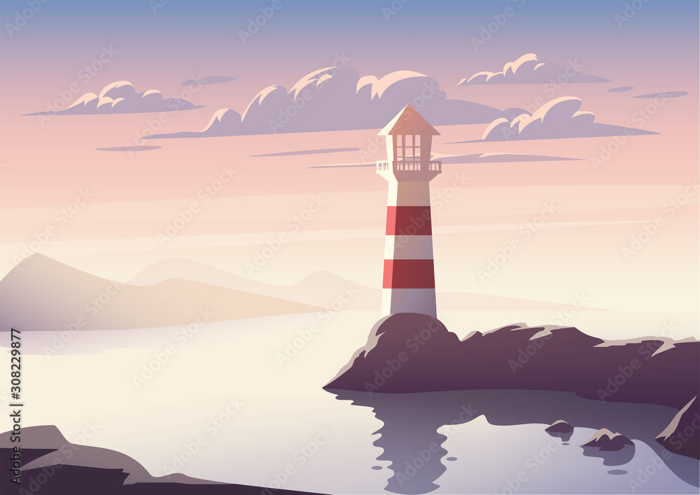 带灯塔插图的矢量景观。海上日落。