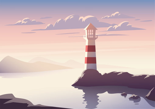 带灯塔插图的矢量景观。海上日落。