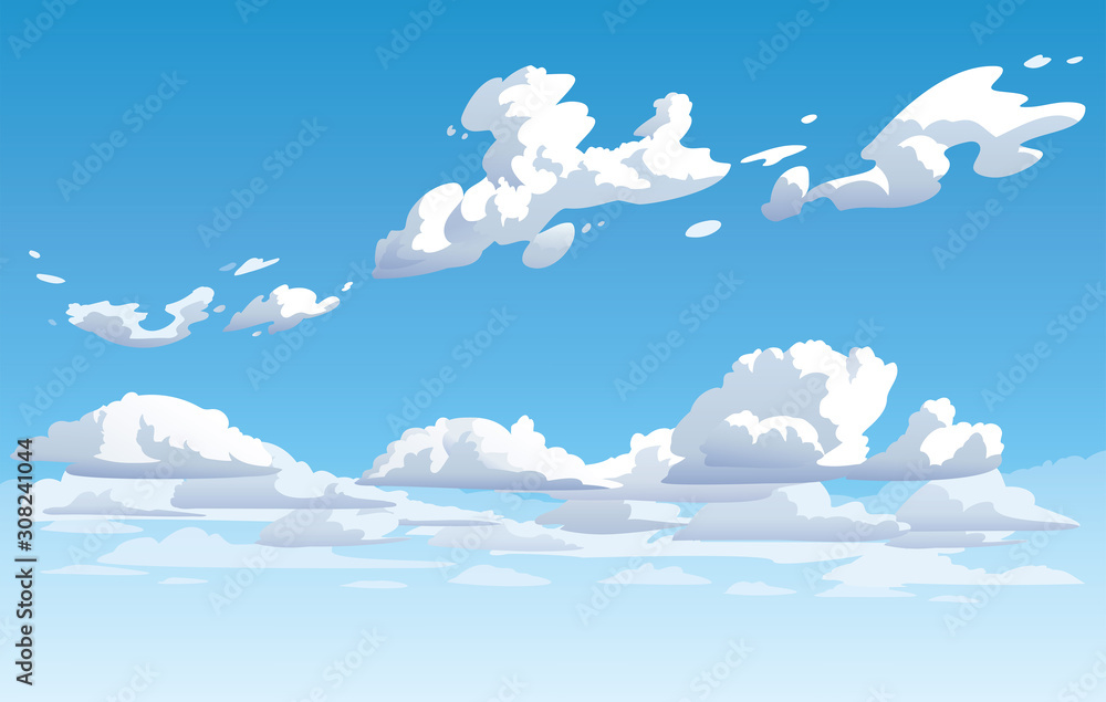 矢量蓝色多云的天空。动漫般干净的风格。背景设计