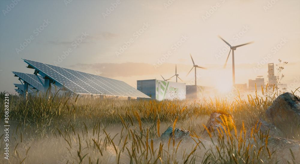 在美丽的晨光中实现可再生能源解决方案的概念。安装太阳能发电厂，