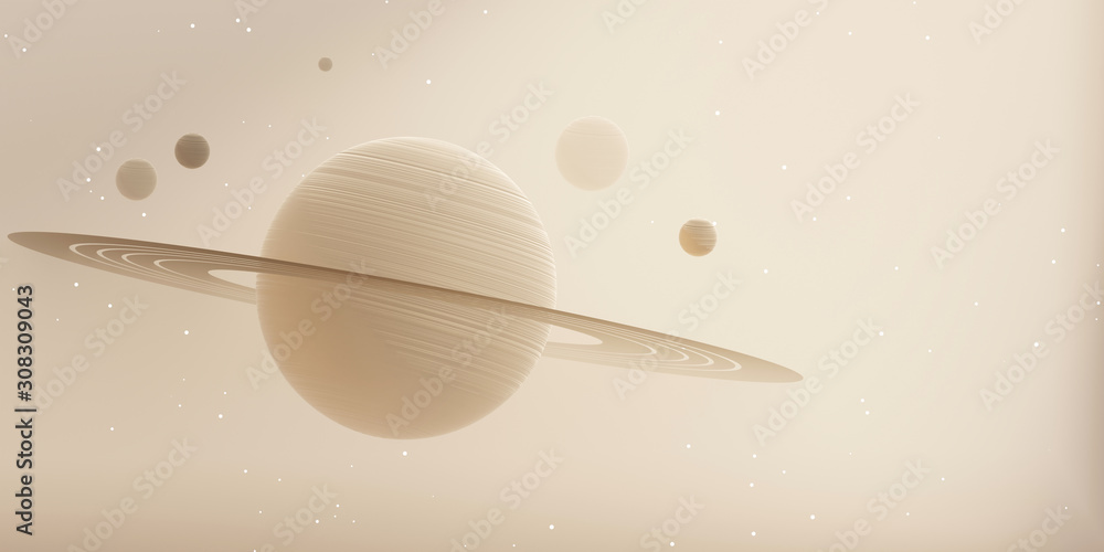 抽象科幻巨幅土星，以银河系恒星为背景，三维渲染。