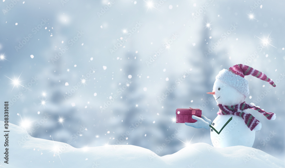 Merry Christmas and happy New Year greeting card with copy-space.Happy snowman standing in Christmas