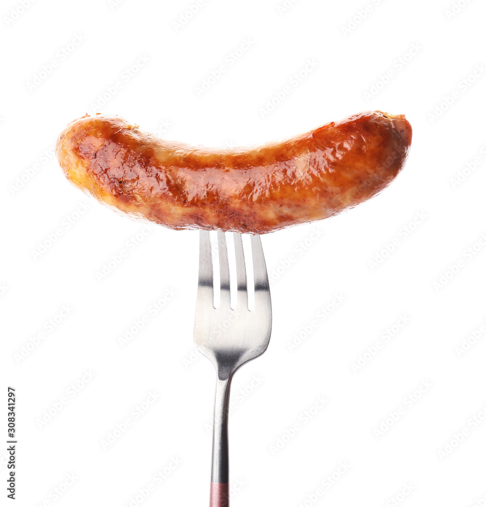 Fork with grilled sausage on white background