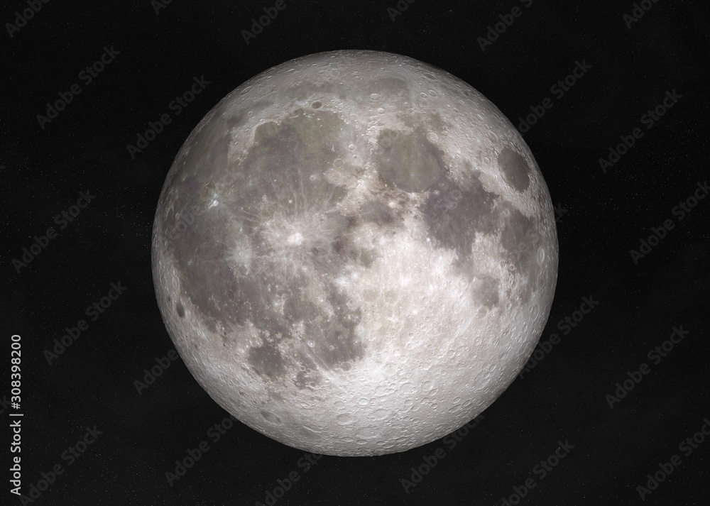 太空中的满月视图，恒星背景，此图像的3D渲染元素由提供