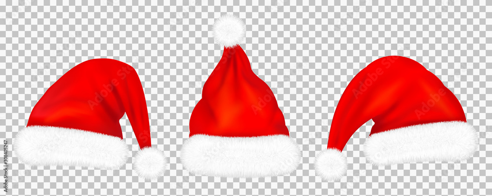 Set of red santa claus hats with fur isolated on transparent background. Vector illustration