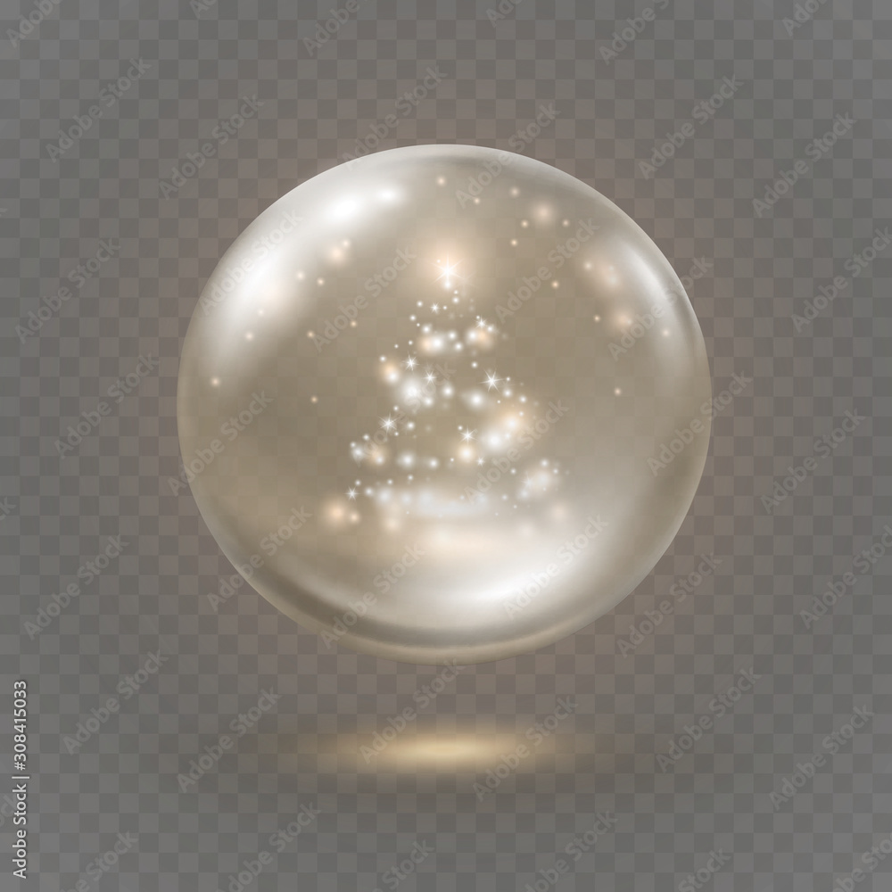 Snow globe or 3d crystal ball isolated on transparent background. Vector glass xmas snowglobe templa