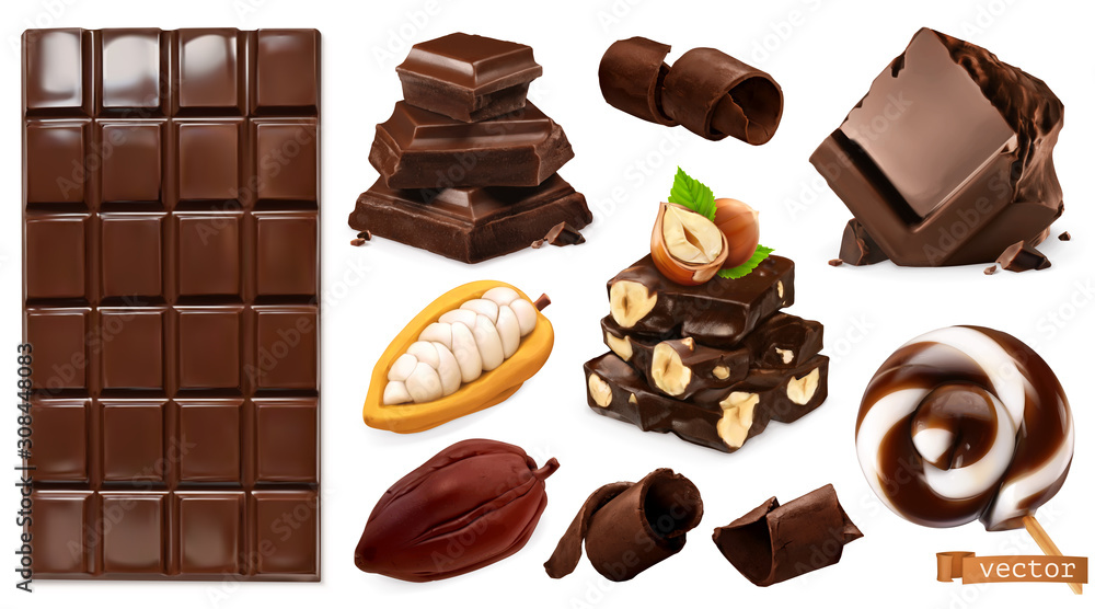 逼真的巧克力。巧克力棒、糖果、碎片、刨花、可可豆和榛子。三维矢量se