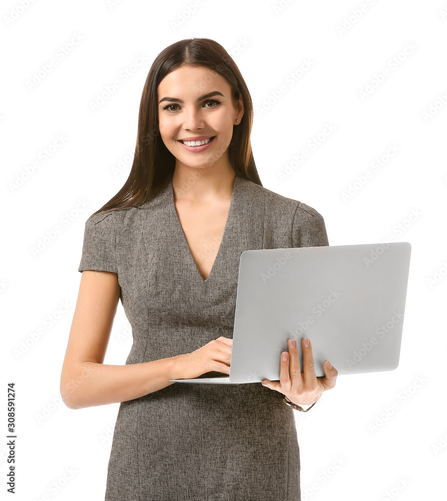 漂亮的年轻女商人，白底笔记本电脑