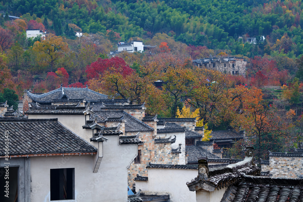 Hui-style architectures in fall forest on the hillside of China.