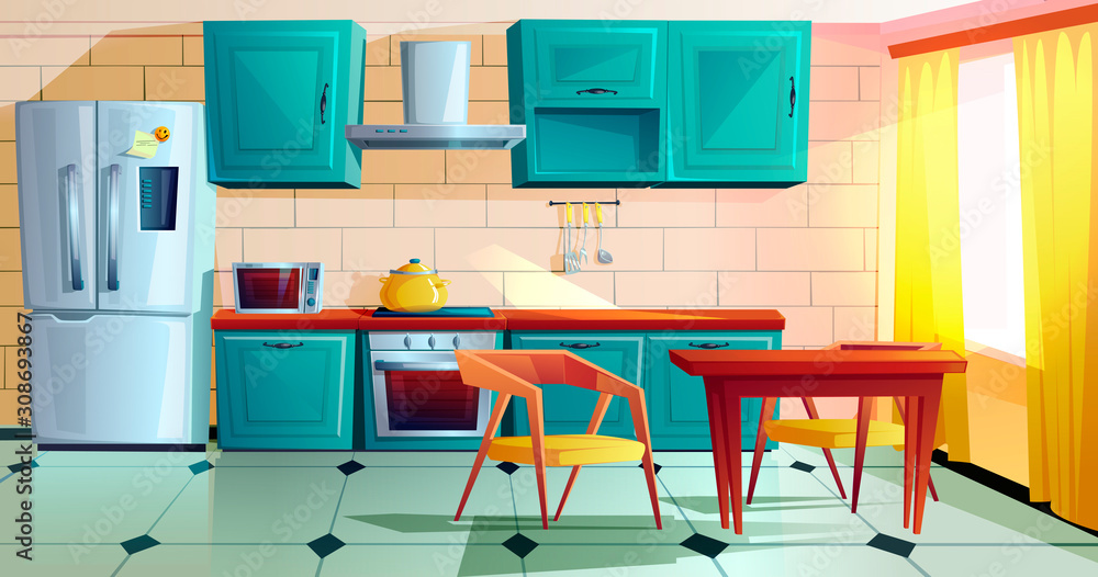 带家具的厨房内部卡通矢量插图。带木制餐厅的家庭烹饪室